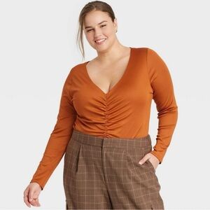 NWT a New Day Women's Long Sleeve Ruched Slim Fit Bodysuit - Orange